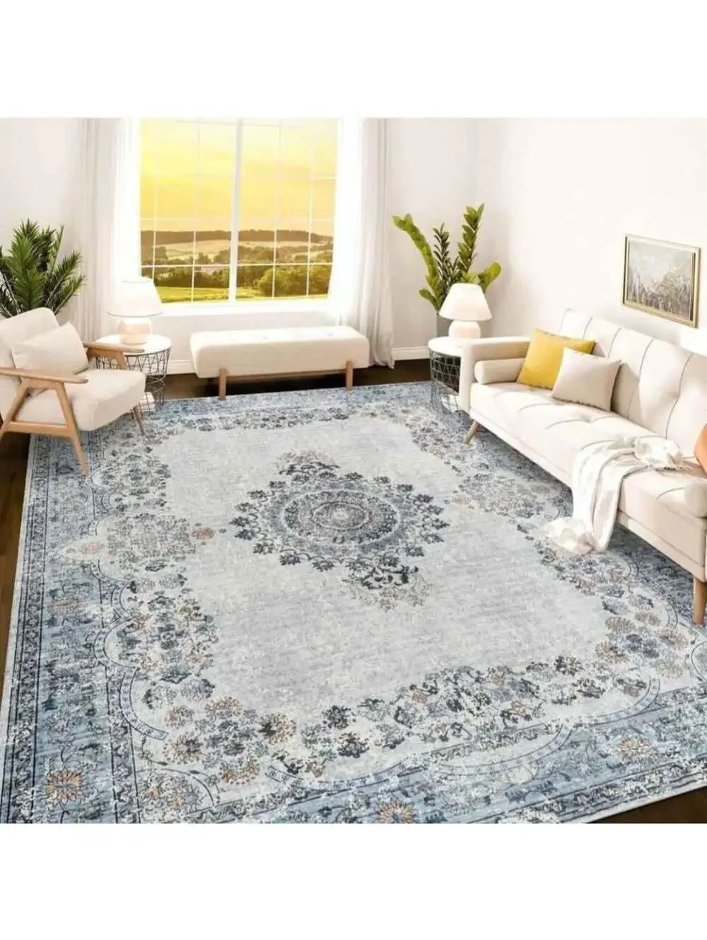 Istana Blue 8x10 Rugs Living Room Foldable Bedroom Stain Resistant Washable Eco